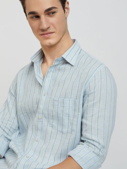 Colorplus Blue Stripe Tailored Fit Linen Blend Casual Shirt