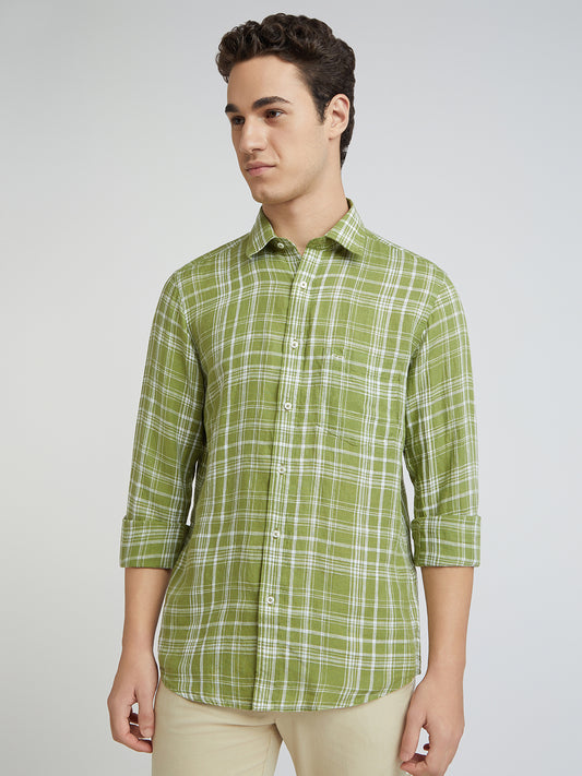 Colorplus Men Green Checks Regular Fit Linen Casual Shirts