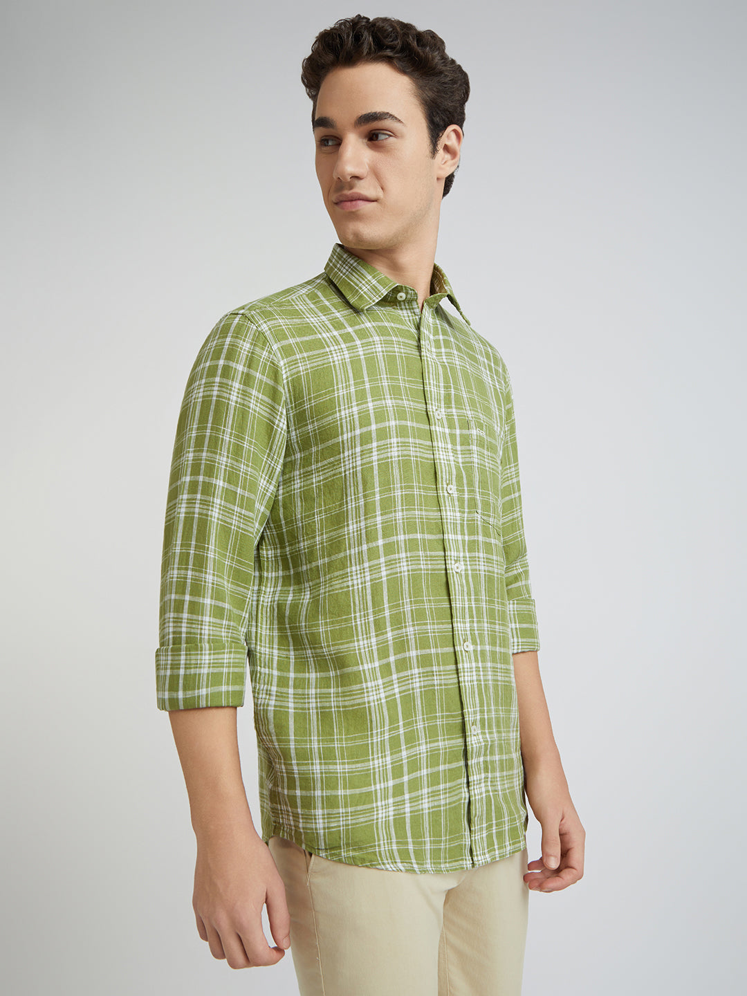 Colorplus Men Green Regular Fit Checks Linen Casual Shirt