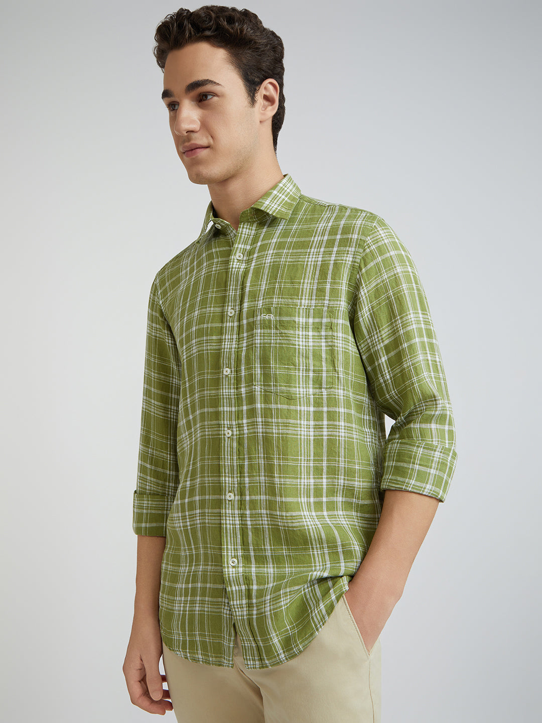 Colorplus Men Green Regular Fit Checks Linen Casual Shirt