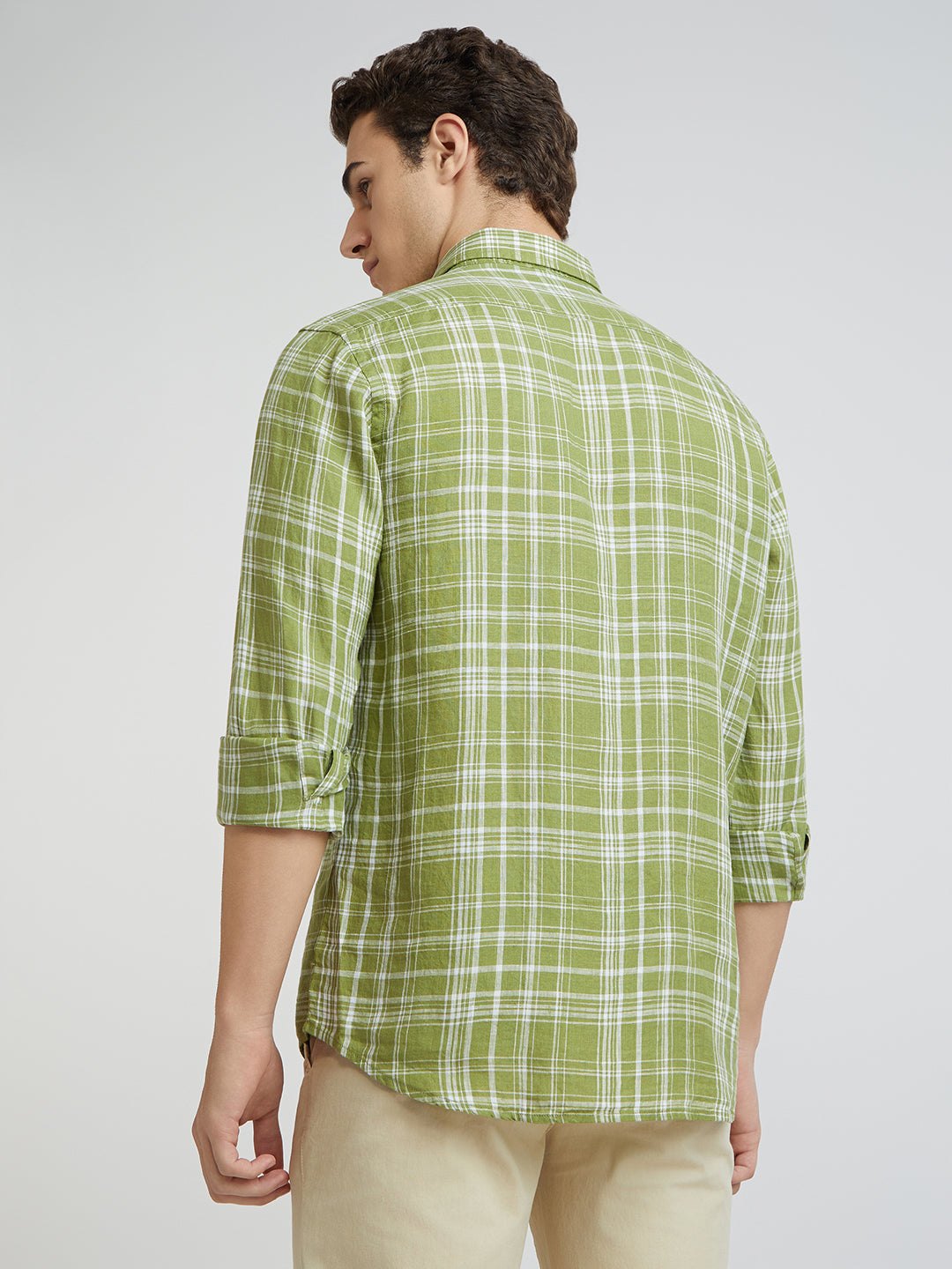 Colorplus Men Green Regular Fit Checks Linen Casual Shirt