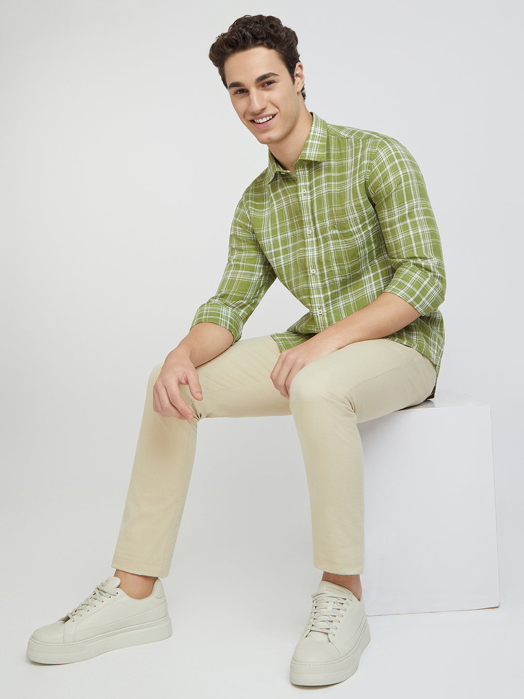 Colorplus Men Green Regular Fit Checks Linen Casual Shirt