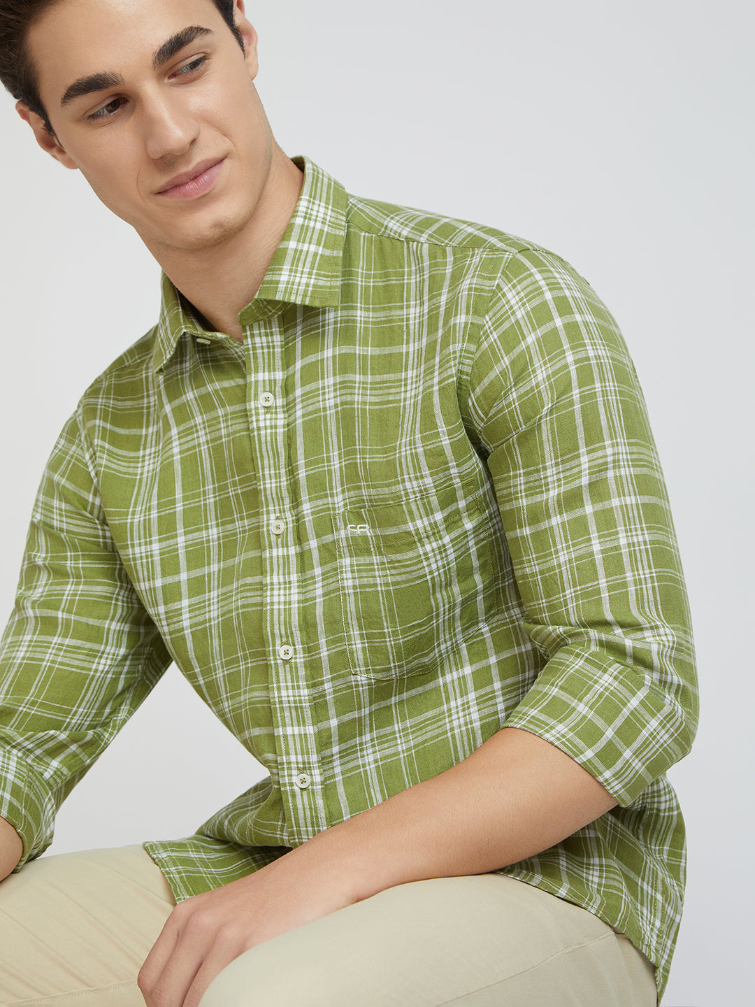 Colorplus Men Green Regular Fit Checks Linen Casual Shirt
