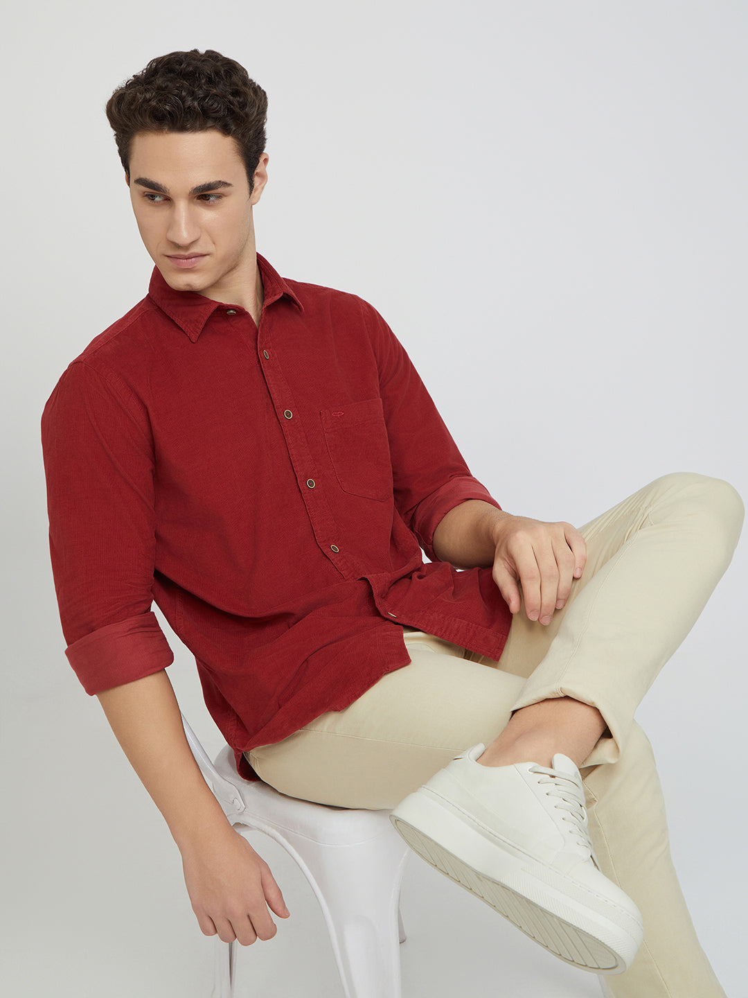 Colorplus Men Red Plain Regular Fit Cotton Corduroy Casual Shirt