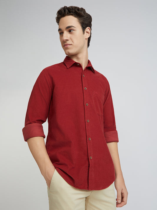 Colorplus Men Red Plain Regular Fit Cotton Corduroy Casual Shirt