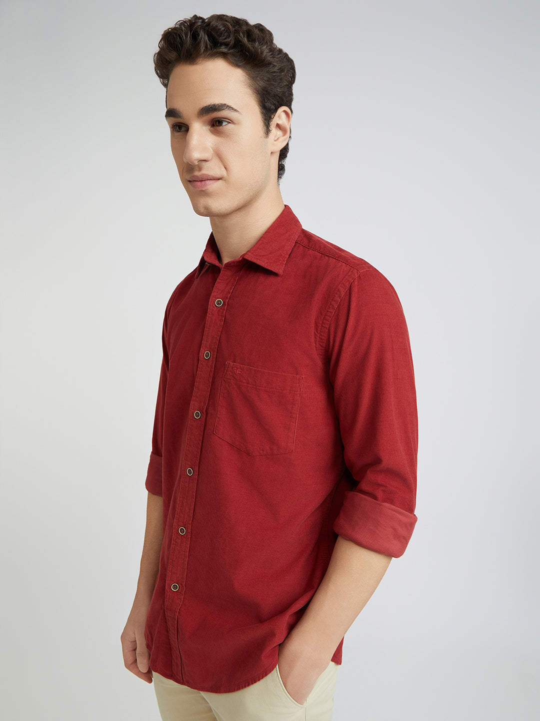 Colorplus Men Red Plain Regular Fit Cotton Corduroy Casual Shirt