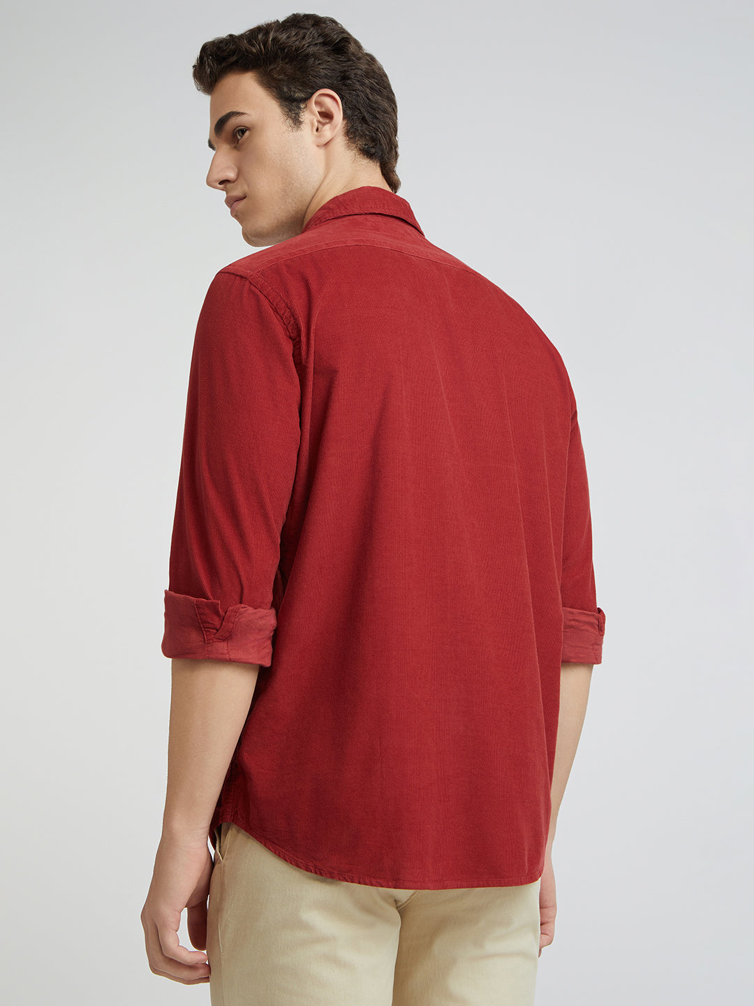 Colorplus Men Red Plain Regular Fit Cotton Corduroy Casual Shirt