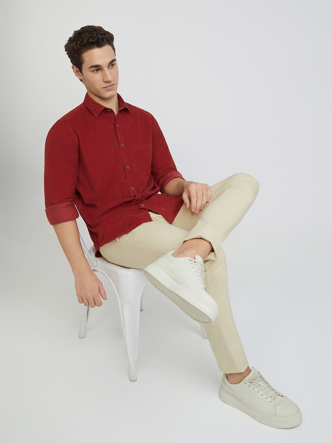 Colorplus Men Red Plain Regular Fit Cotton Corduroy Casual Shirt