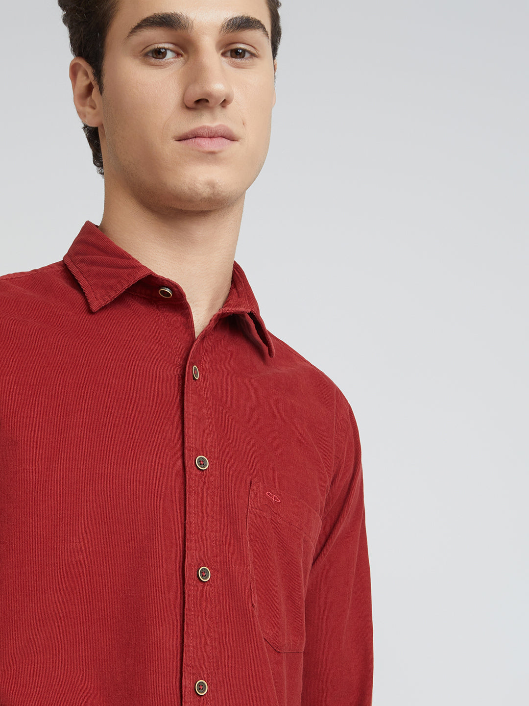 Colorplus Men Red Plain Regular Fit Cotton Corduroy Casual Shirt
