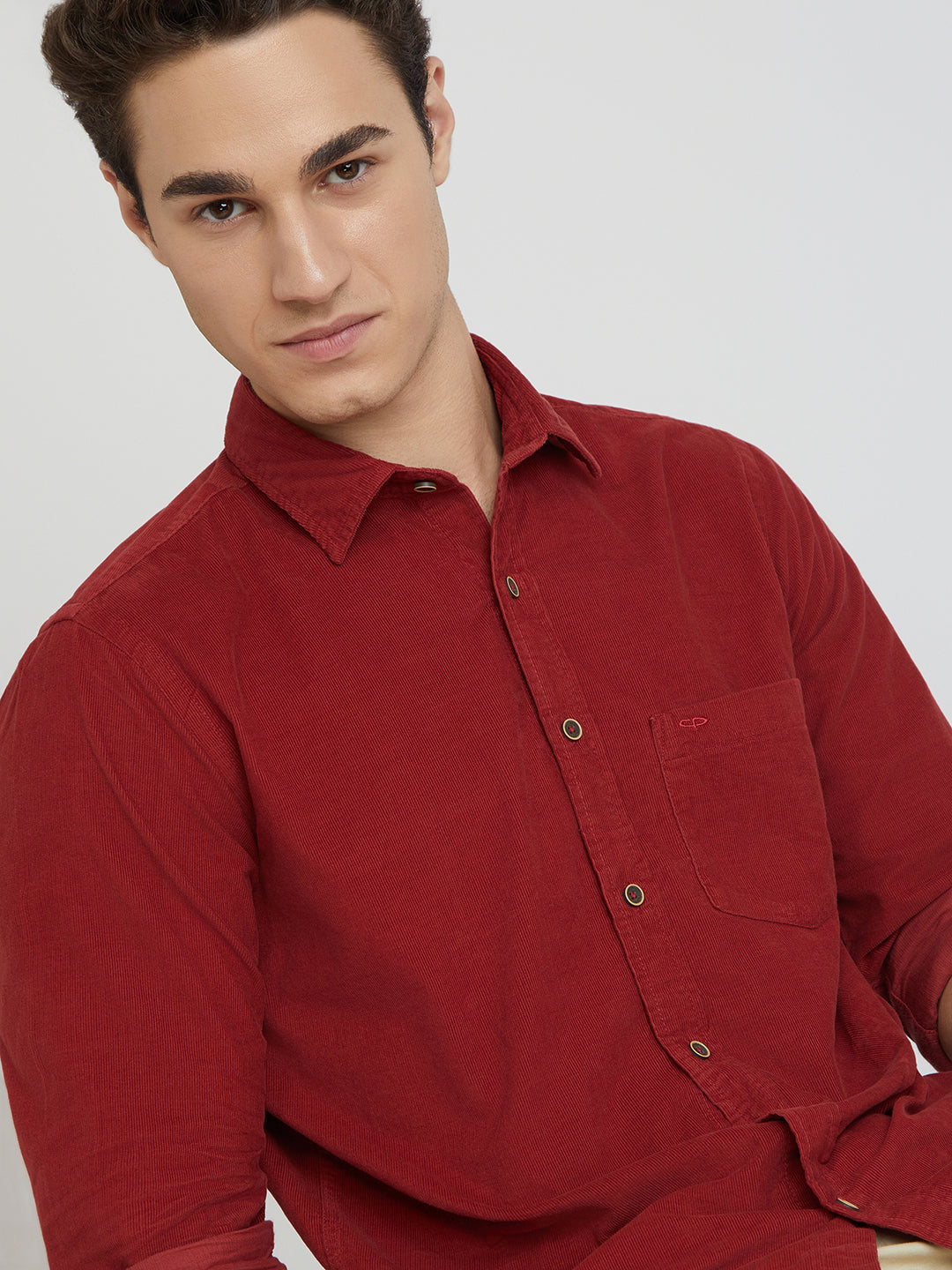 Colorplus Men Red Plain Regular Fit Cotton Corduroy Casual Shirt