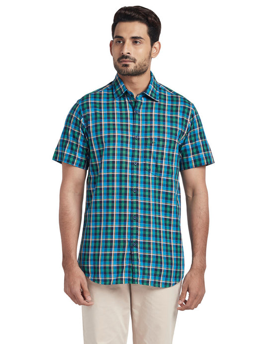 Colorplus Green Checks Tailored Fit Cotton Casual Shirt