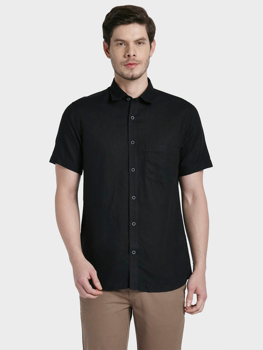 Colorplus Black Solid Tailored Fit Cotton Blend Casual Shirt