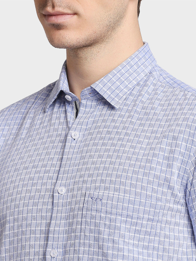 Colorplus Men Blue Checkered Tailored Fit Half Sleeve Spread Collar Shirt