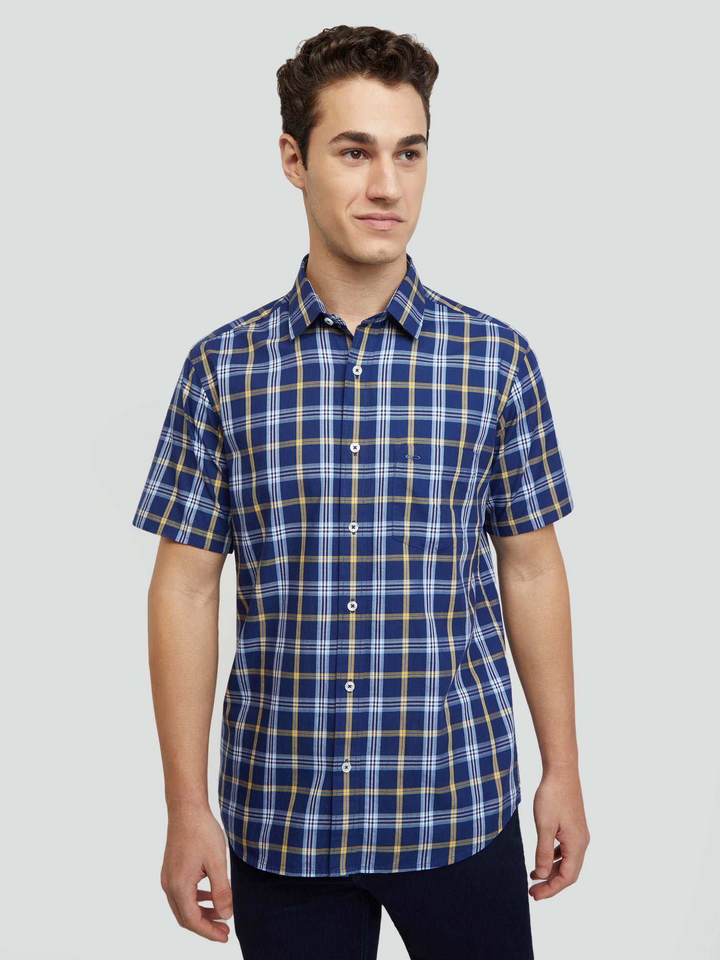 Colorplus Men Blue Checkered Tailored Fit Half Sleeve Spread Collar Shirt