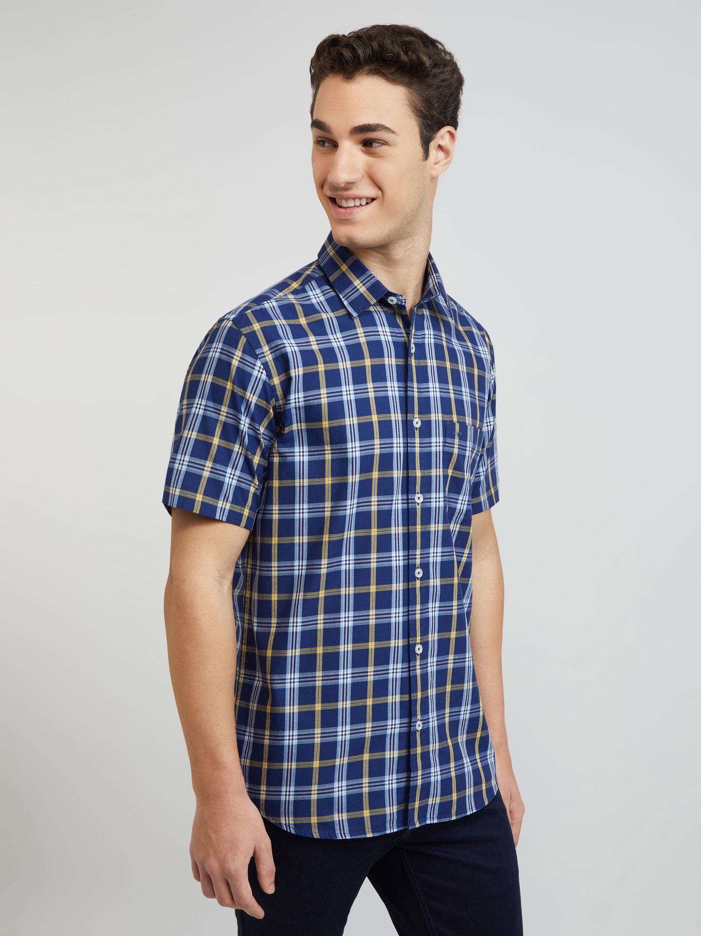 Colorplus Men Blue Checkered Tailored Fit Half Sleeve Spread Collar Shirt