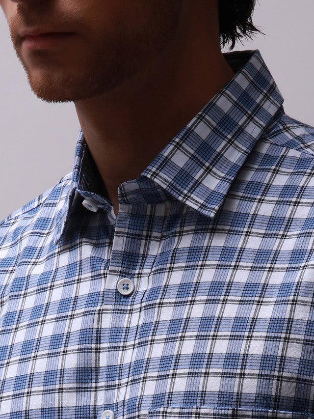 Colorplus Men Blue Checkered Tailored Fit Half Sleeve Spread Collar Shirt