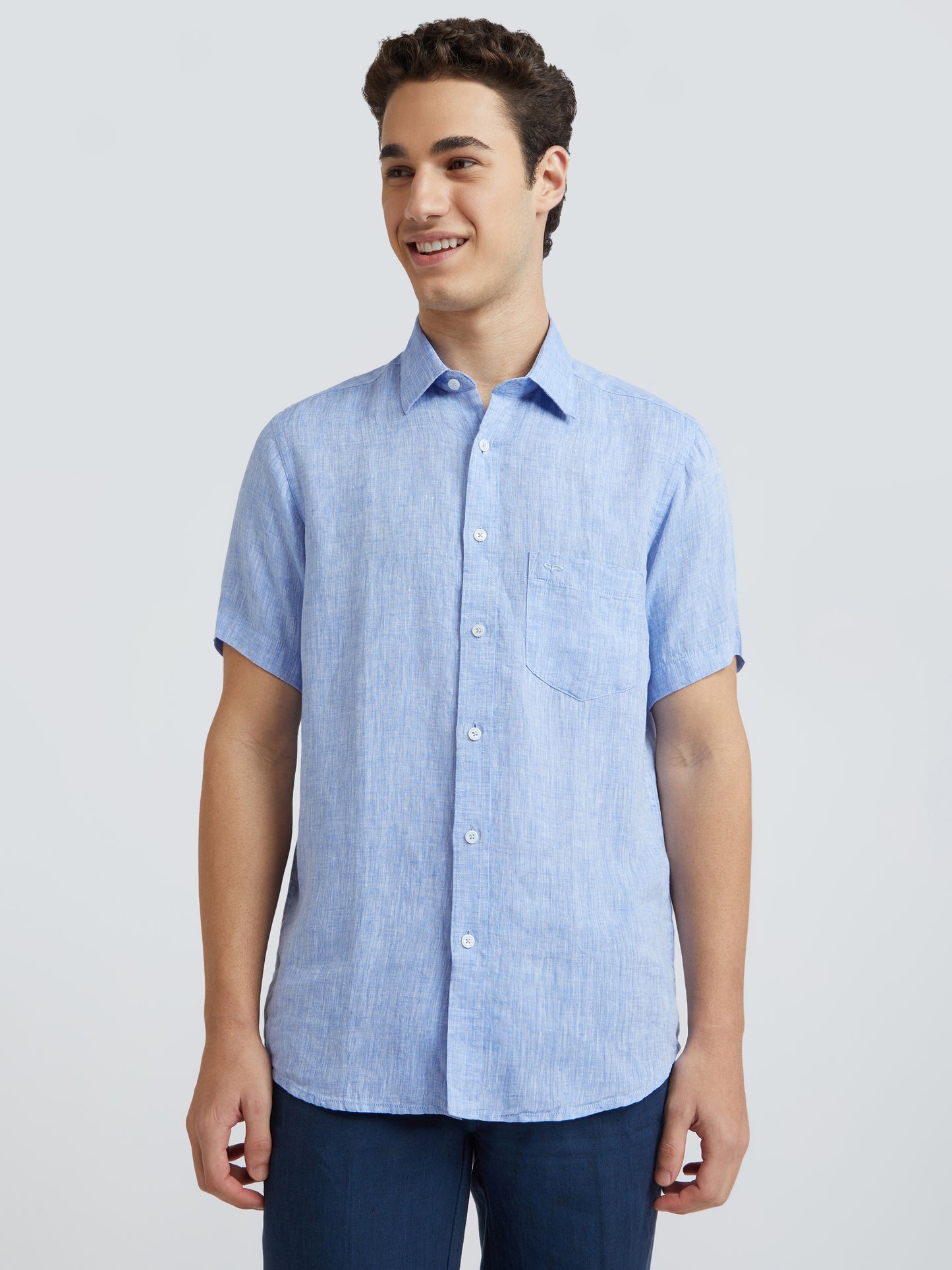 Colorplus Blue Yarn Dyed Tailored Fit Linen Casual Shirt