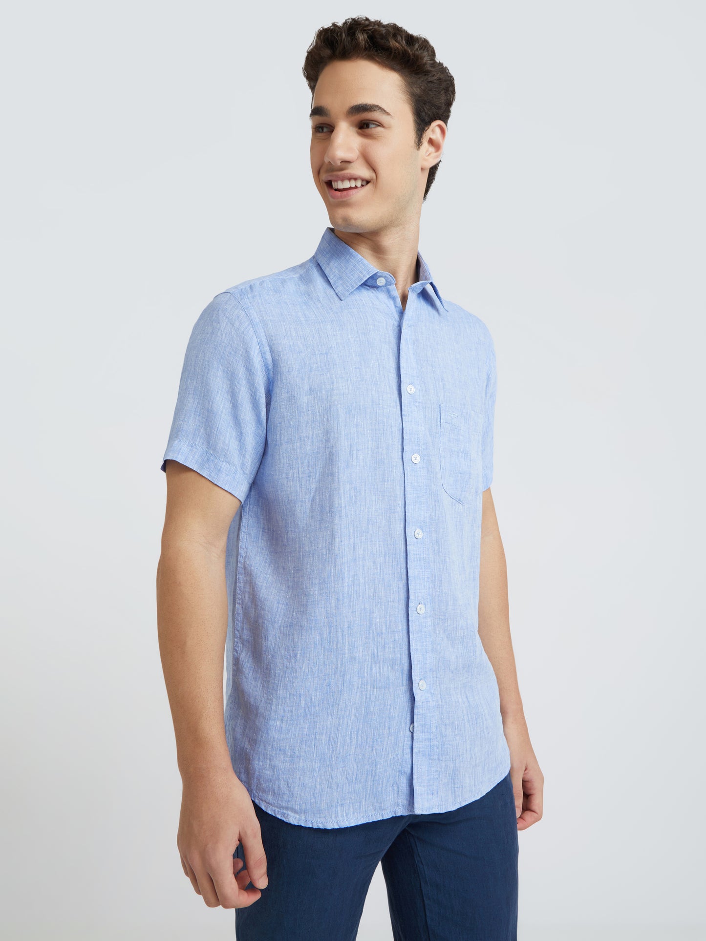 Colorplus Blue Yarn Dyed Tailored Fit Linen Casual Shirt