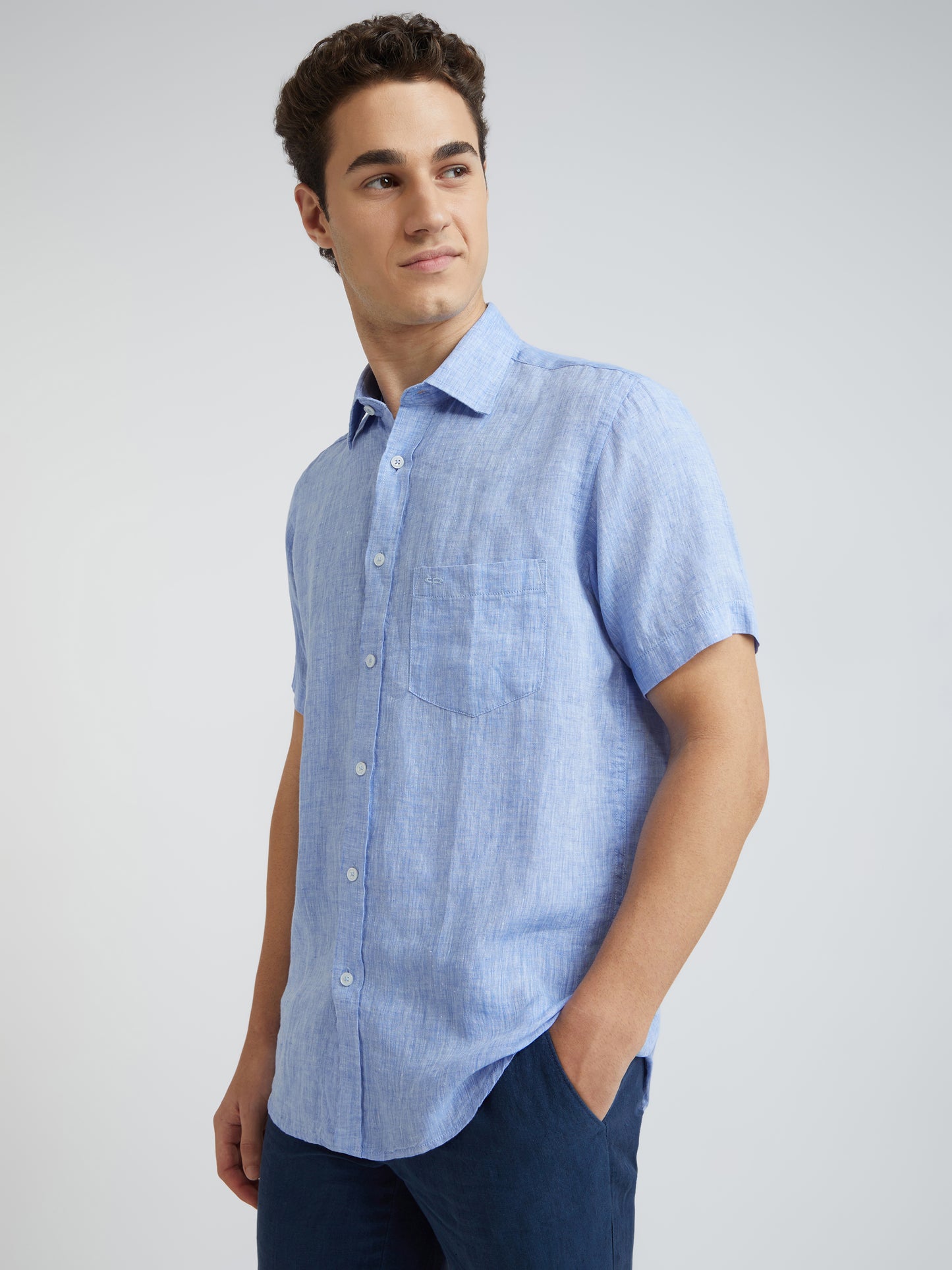 Colorplus Blue Yarn Dyed Tailored Fit Linen Casual Shirt