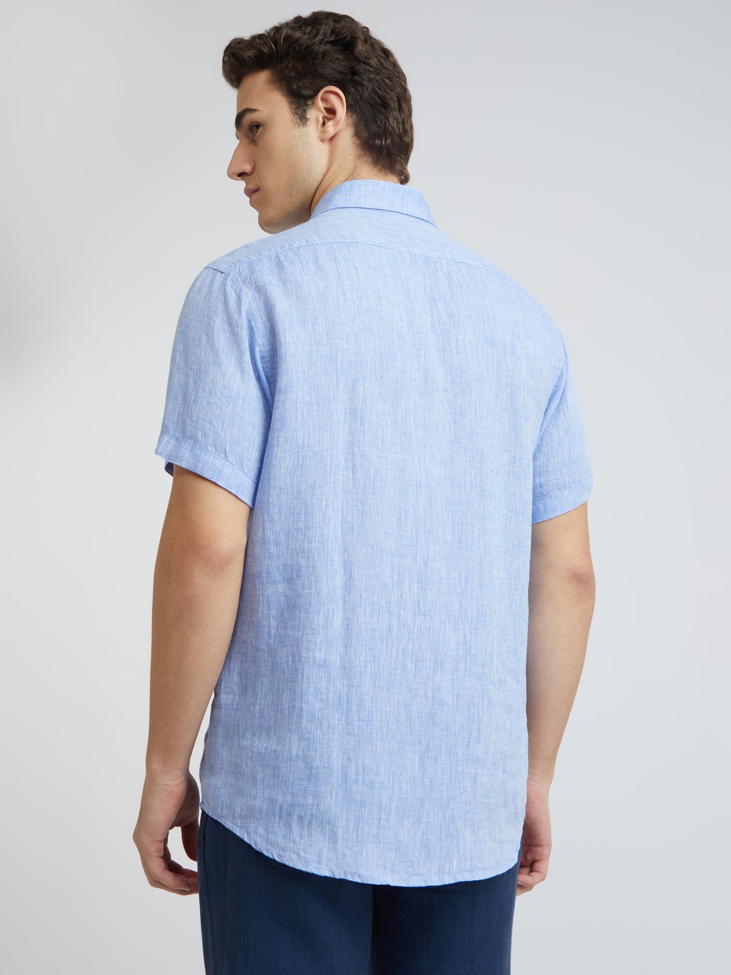 Colorplus Blue Yarn Dyed Tailored Fit Linen Casual Shirt