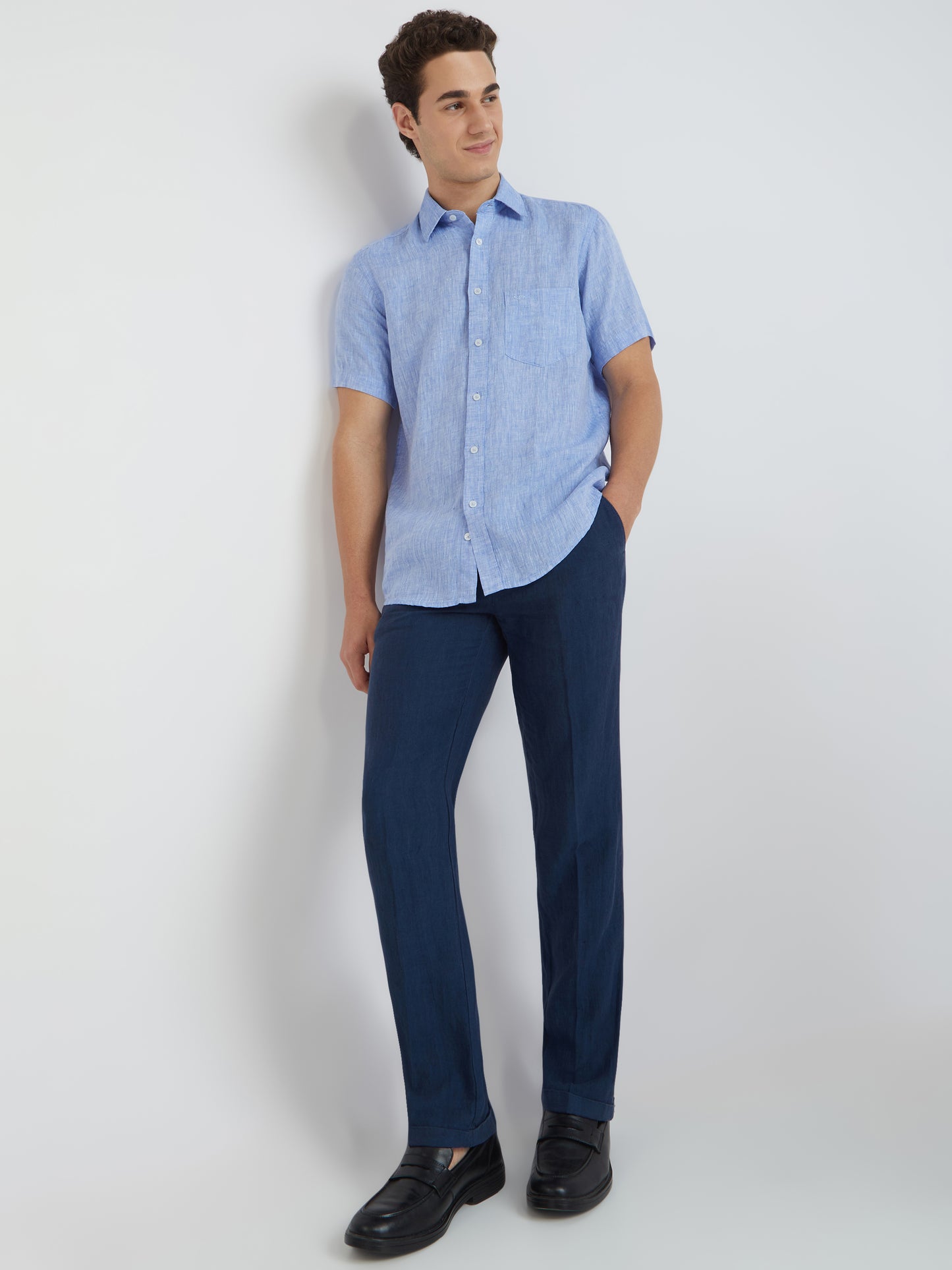 Colorplus Blue Yarn Dyed Tailored Fit Linen Casual Shirt