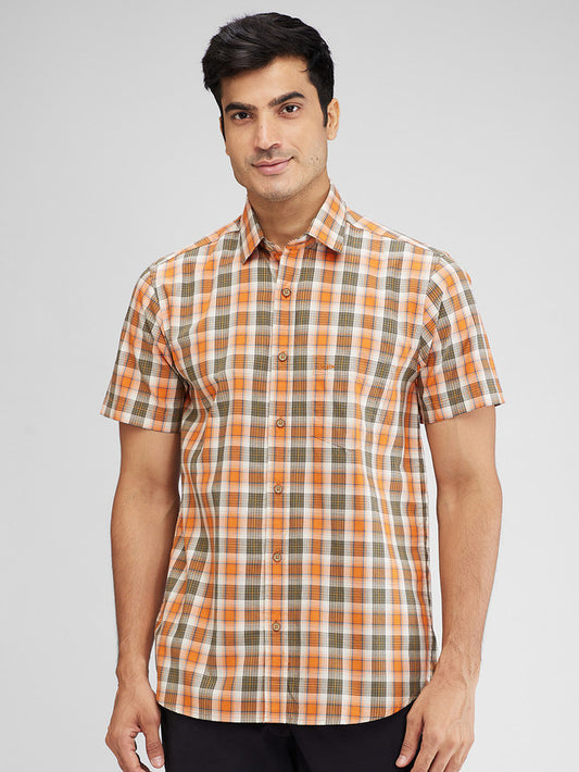 Colorplus Orange Checks Regular Fit Cotton Casual Shirt