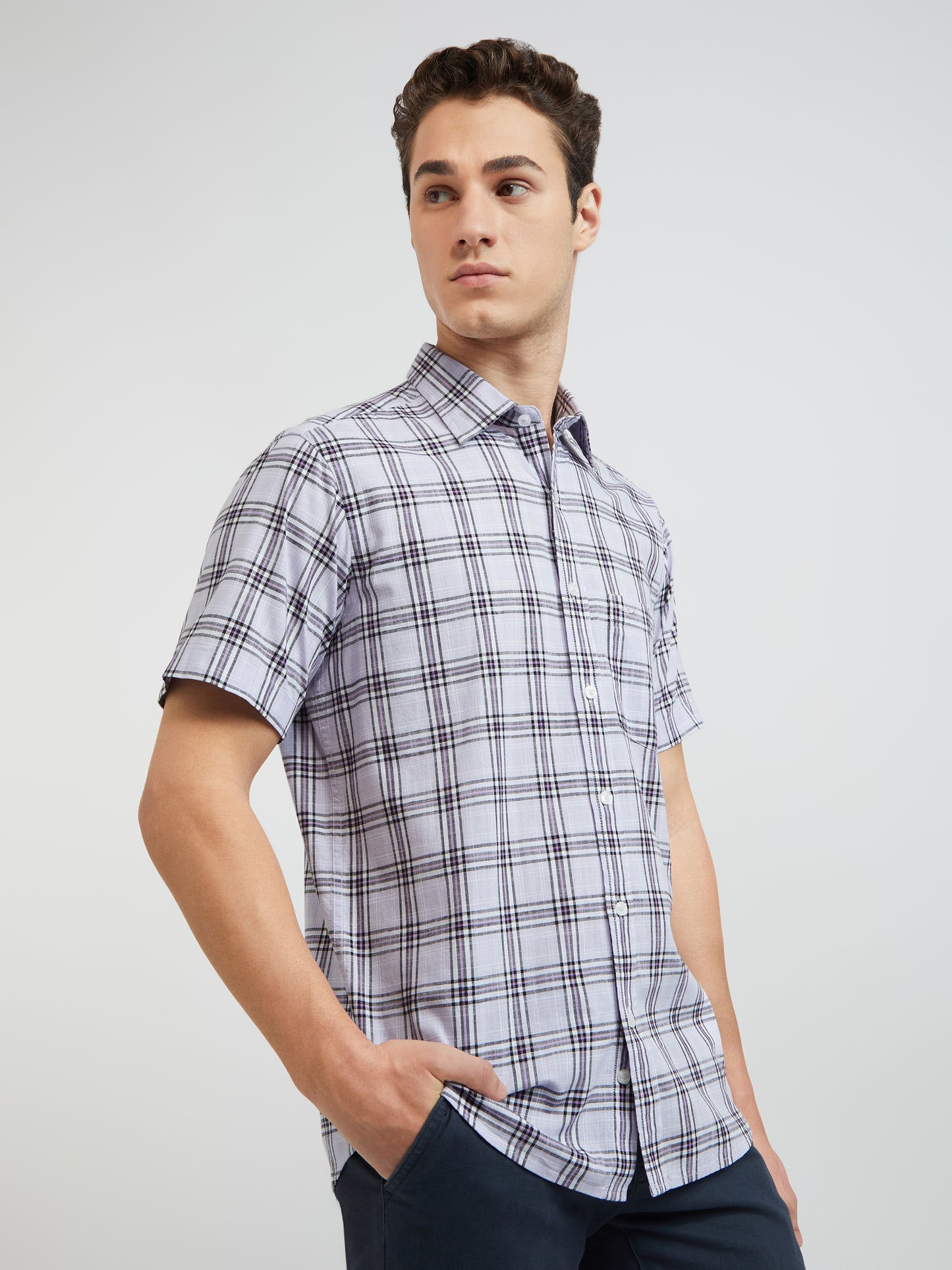 Colorplus Purple Checks Regular Fit Cotton Casual Shirt