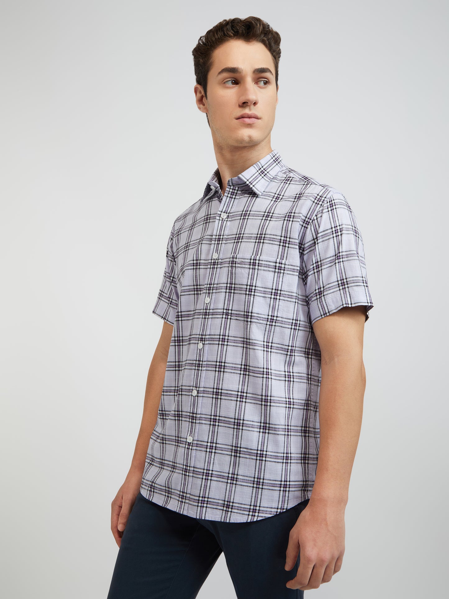 Colorplus Purple Checks Regular Fit Cotton Casual Shirt