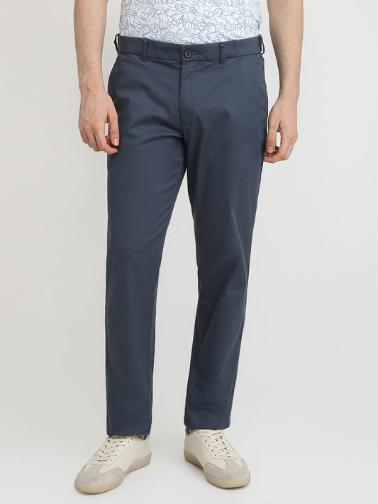 Colorplus Men Blue Dobby Slim Fit Cotton Blend Trouser