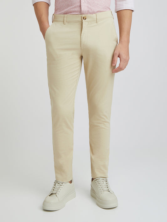 Men Khaki Nuvo Fit Solid Piece Dyed Cotton Blend Trouser