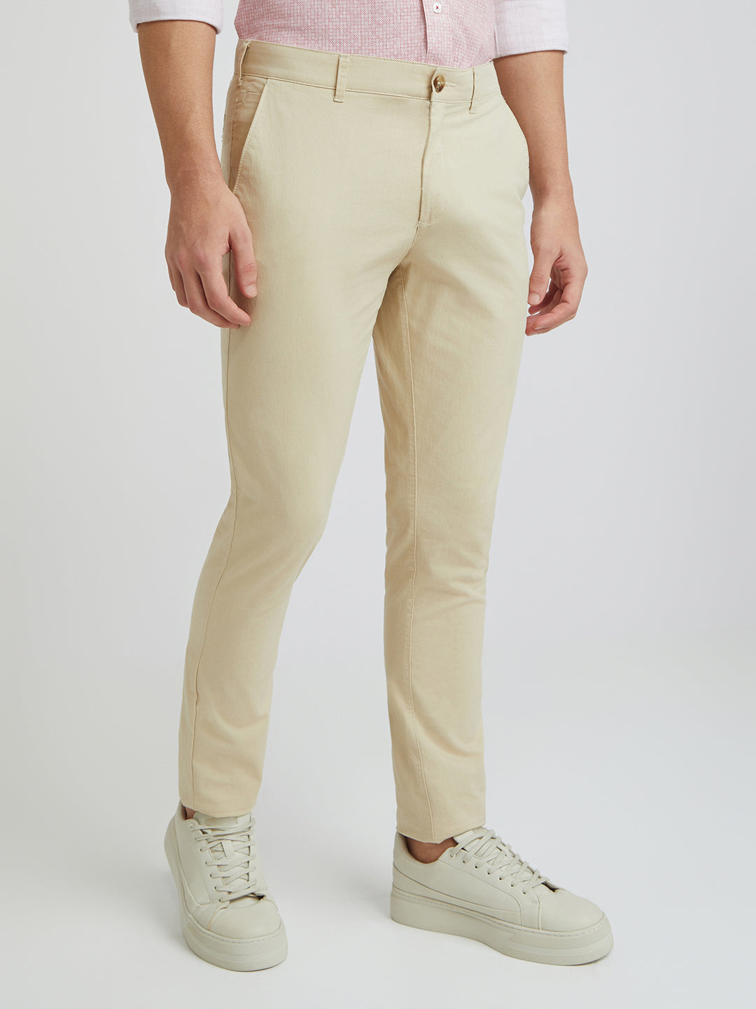 Men Khaki Nuvo Fit Solid Piece Dyed Cotton Blend Trouser