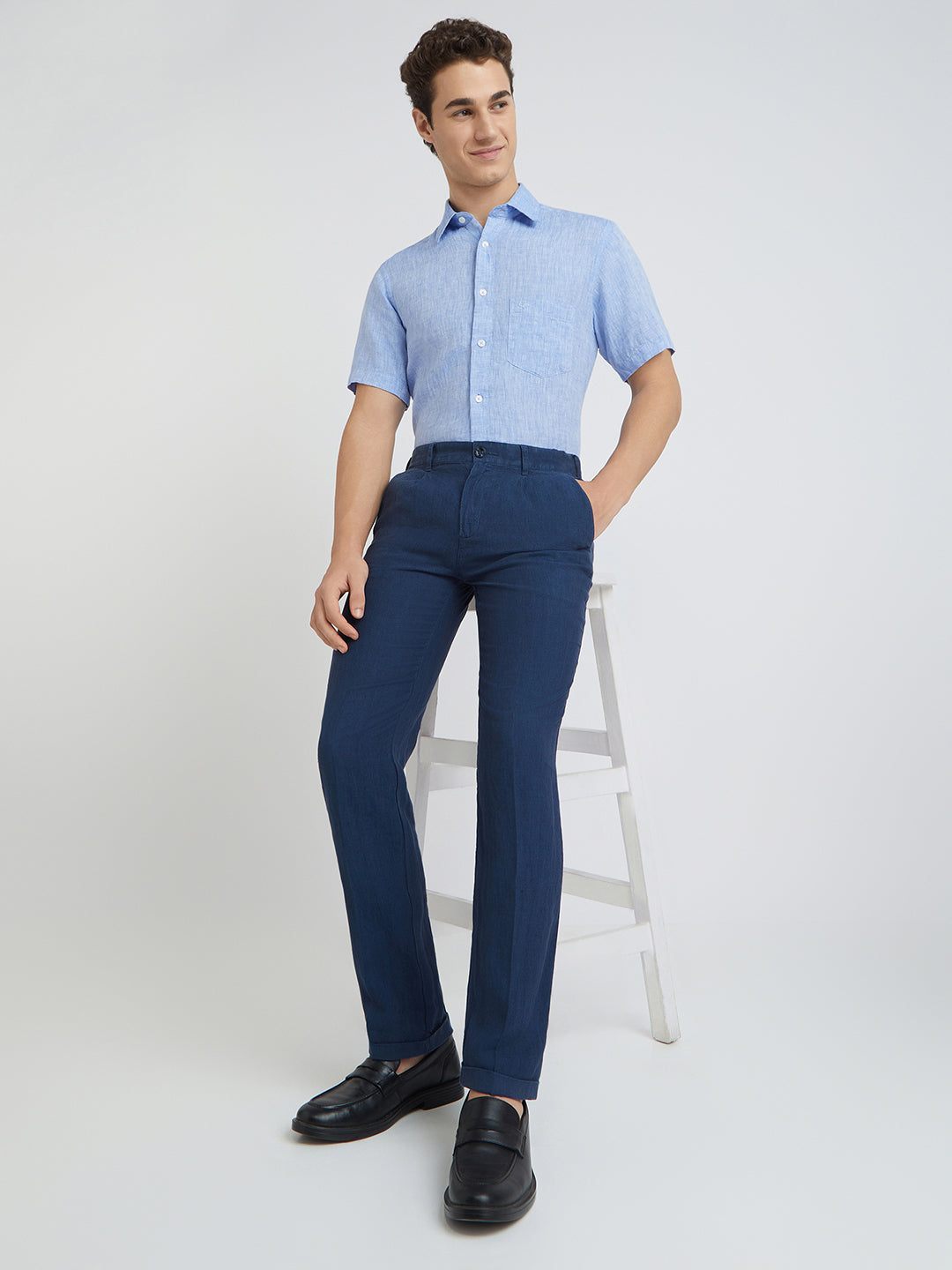 Colorplus Blue Yarn Dyed Tailored Fit Linen Trouser