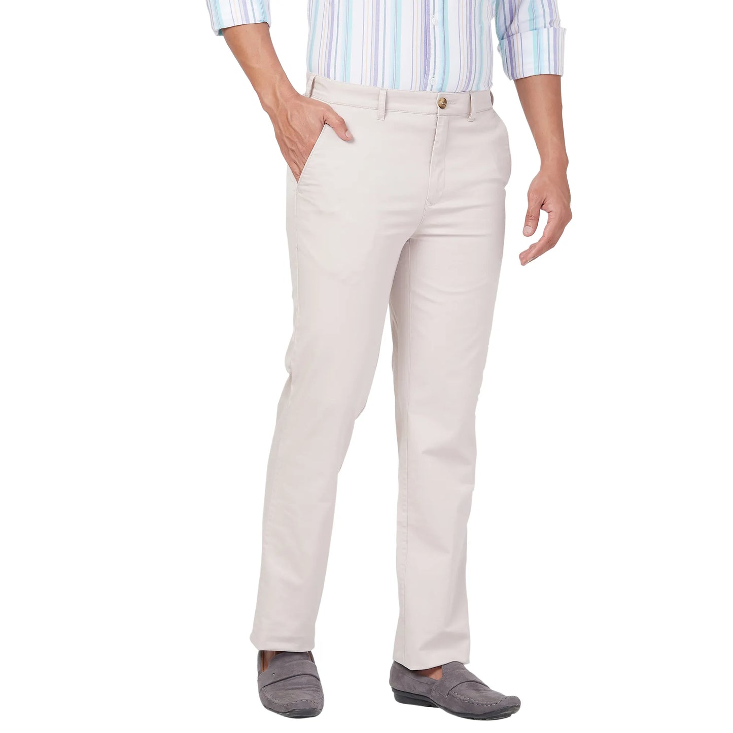 ColorPlus Men Grey Solid Piece Dyed Regular Fit Cotton Blend Trouser
