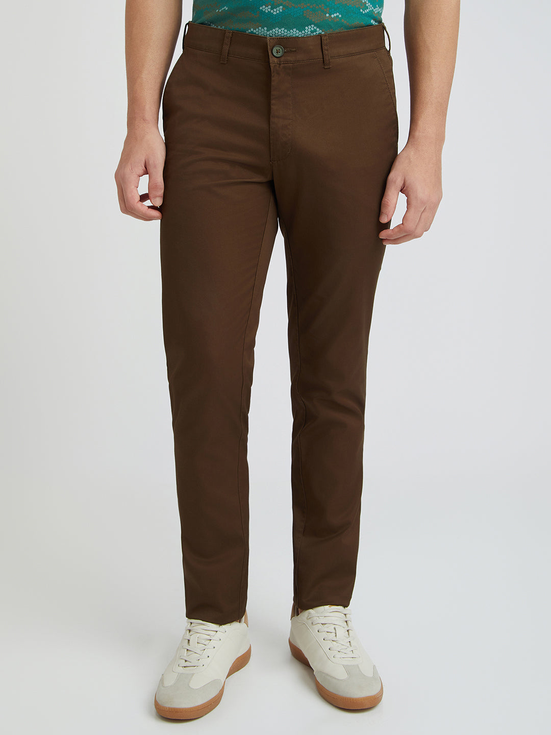 Colorplus Brown Solid Regular Fit Cotton Trouser