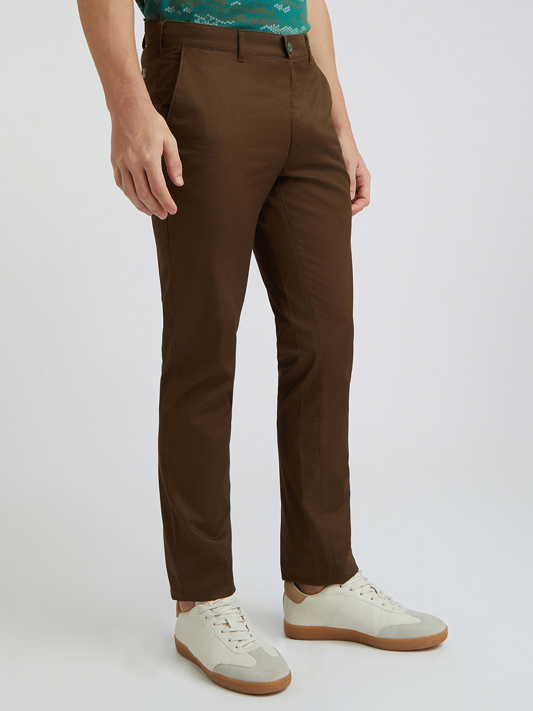 Colorplus Brown Solid Regular Fit Cotton Trouser