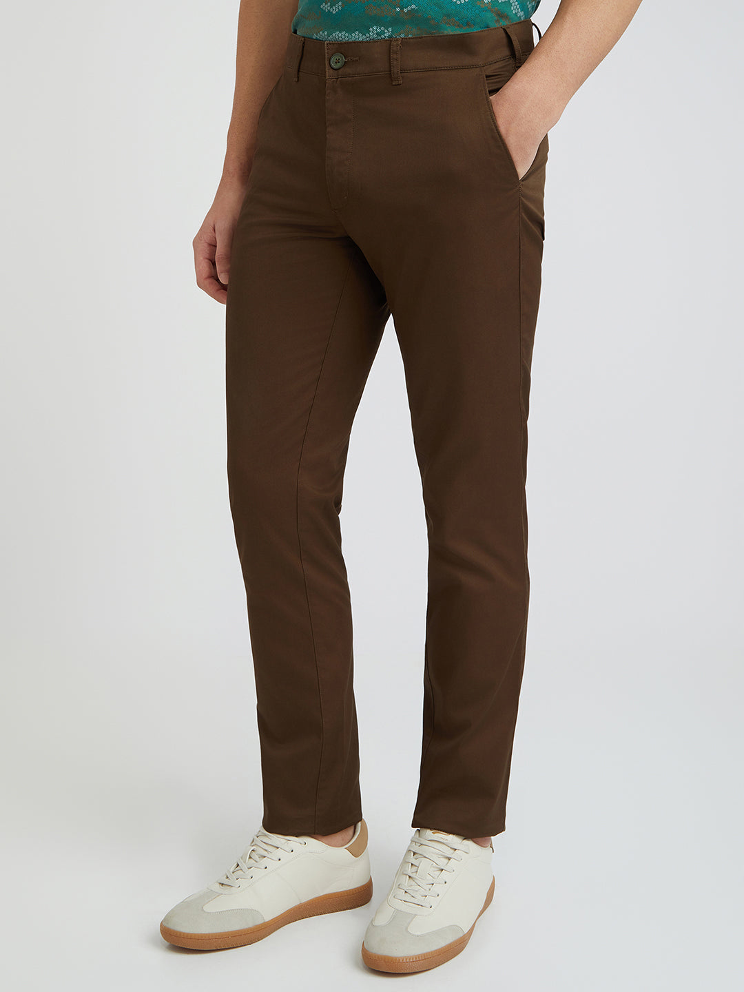 Colorplus Brown Solid Regular Fit Cotton Trouser