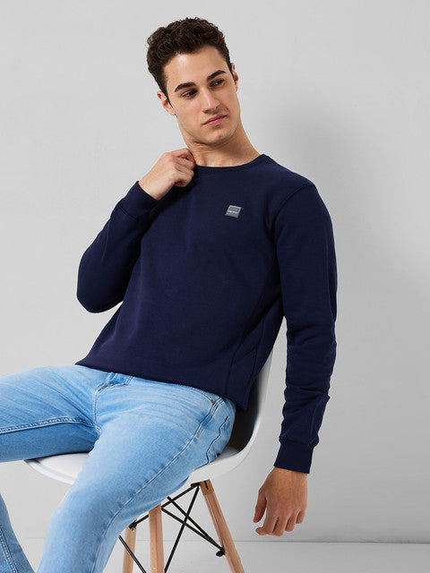 Colorplus Men Blue Solid Regular Fit Cotton Blend Sweatshirt