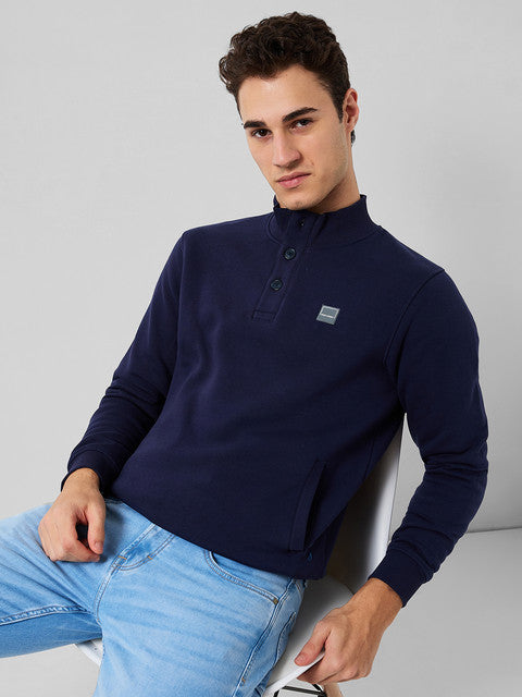 Colorplus Men Blue Solid Regular Fit Cotton Blend Sweatshirt