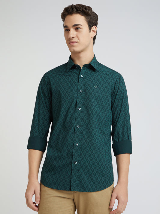 Colorplus Men Green Printed Slim Fit Cotton Blend Casual Shirts