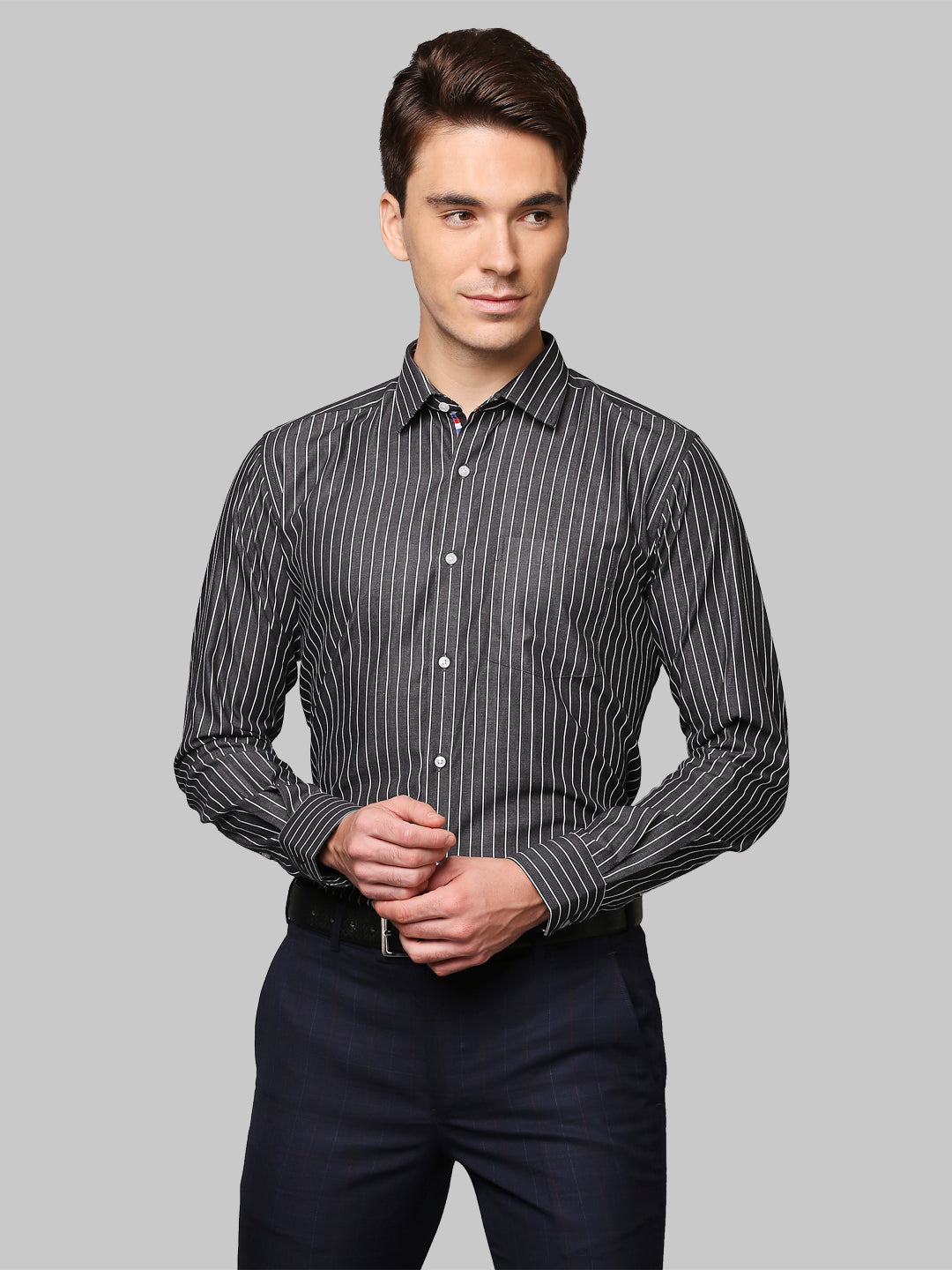 Park Avenue Grey Stripe Slim Fit Cotton Formal Shirt