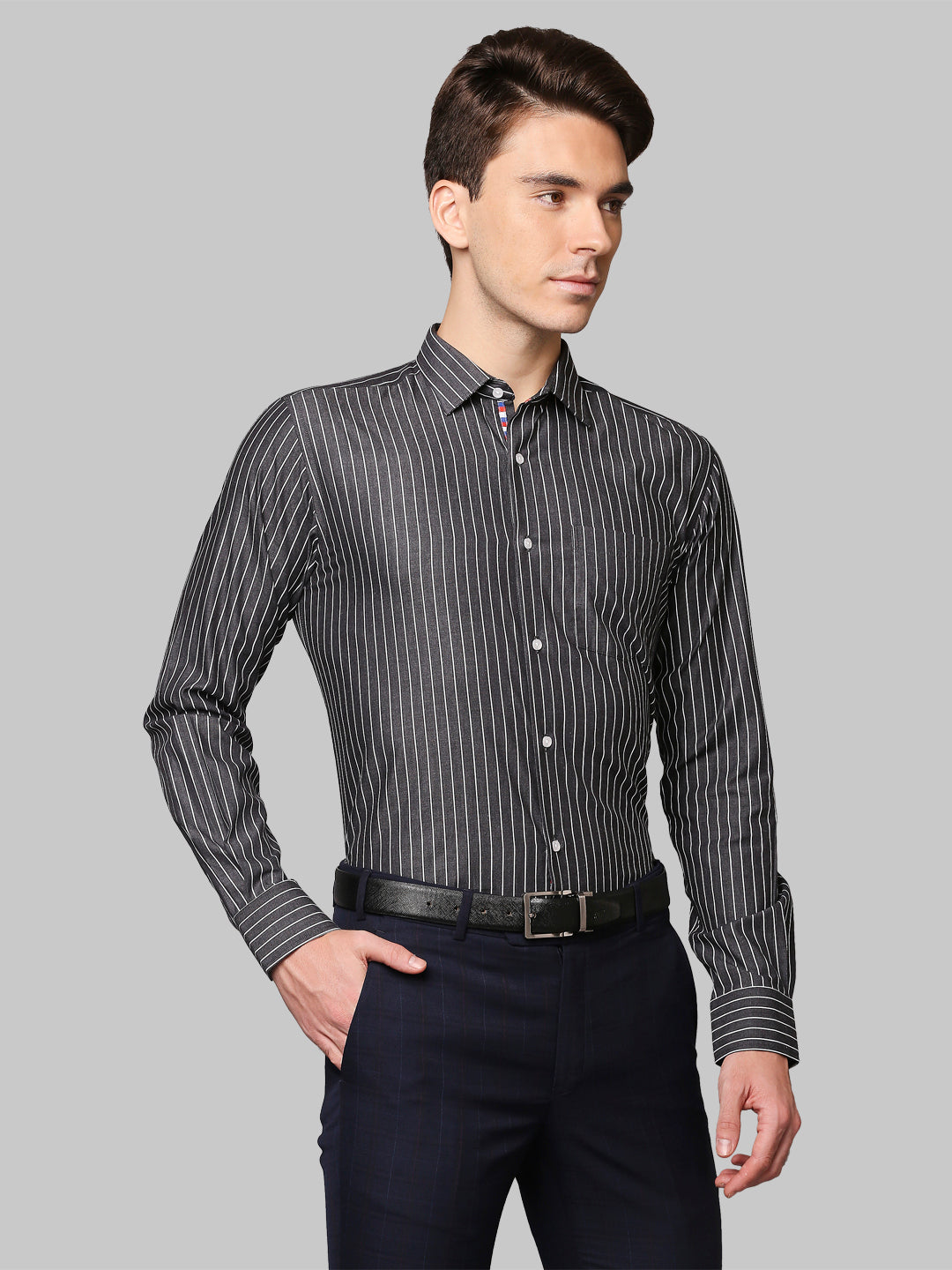 Park Avenue Grey Stripe Slim Fit Cotton Formal Shirt