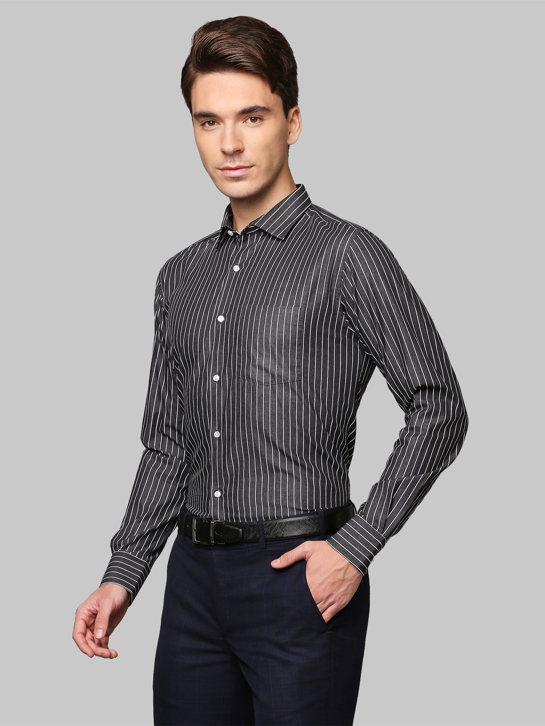 Park Avenue Grey Stripe Slim Fit Cotton Formal Shirt