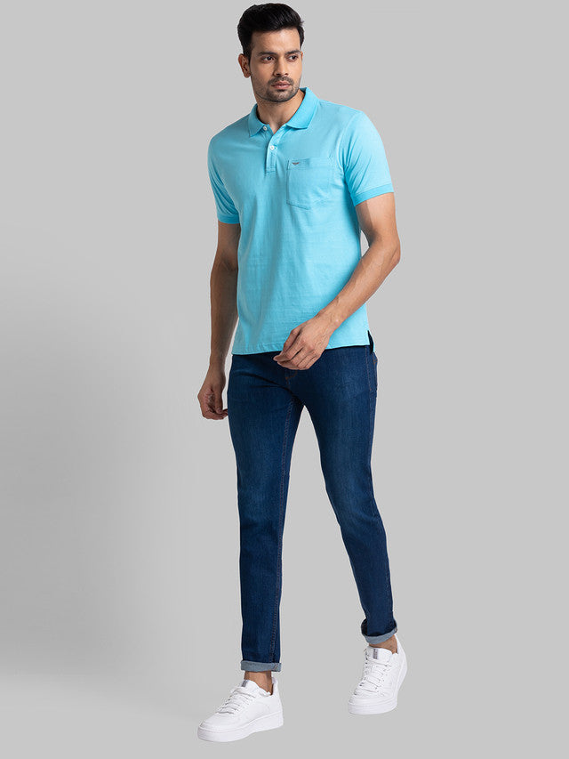 Park Avenue Men Blue Solid Regular Fit Half Sleeve Polo Neck T-Shirt