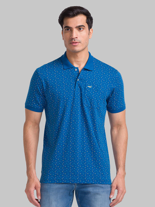 Park Avenue Blue Printed Slim Fit Cotton Blend T-Shirt