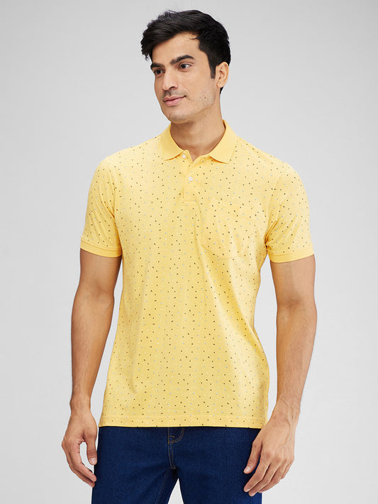 Park Avenue Yellow Printed Slim Fit Cotton Blend T-Shirt