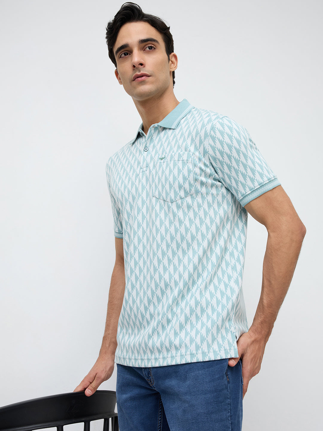 Park Avenue Men Green Slim Fit Jacquard Polo Neck Collar T-shirt