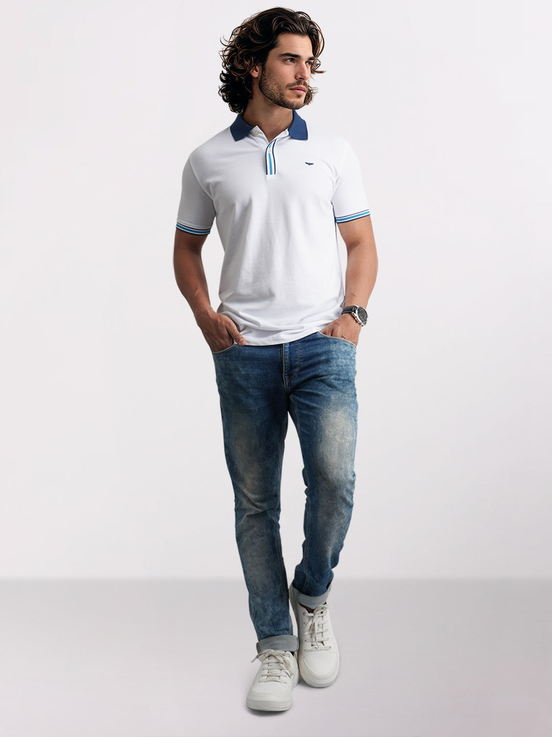 Men White Slim Fit Solid Cotton Polyester Blend Round Neck Collar Polo T-Shirt