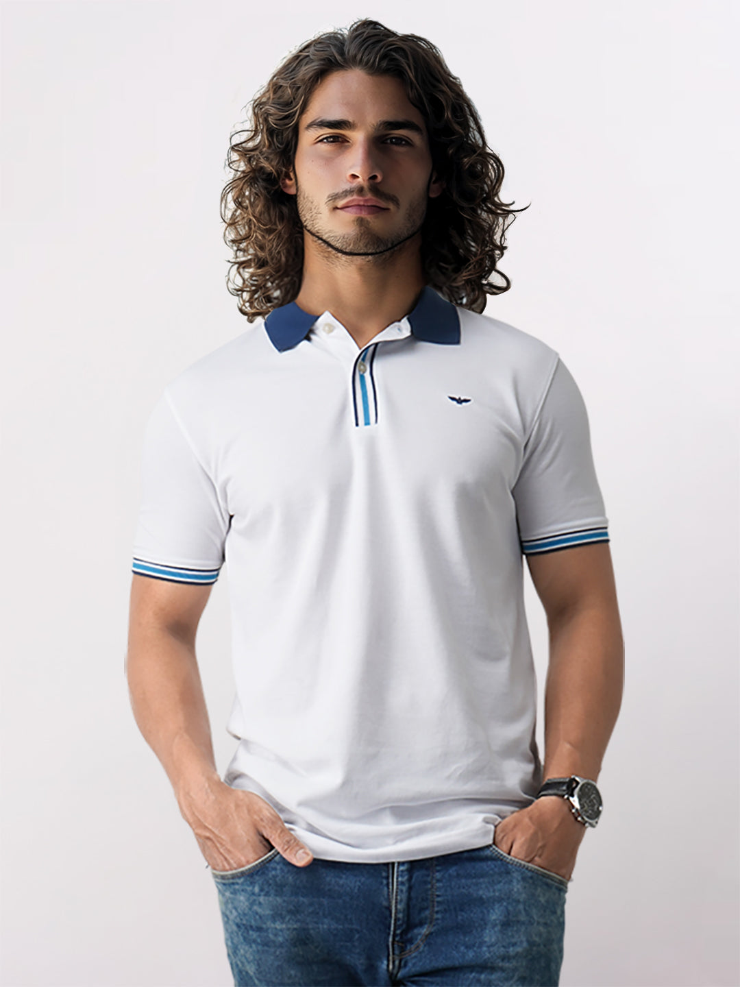 Men White Slim Fit Solid Cotton Polyester Blend Round Neck Collar Polo T-Shirt