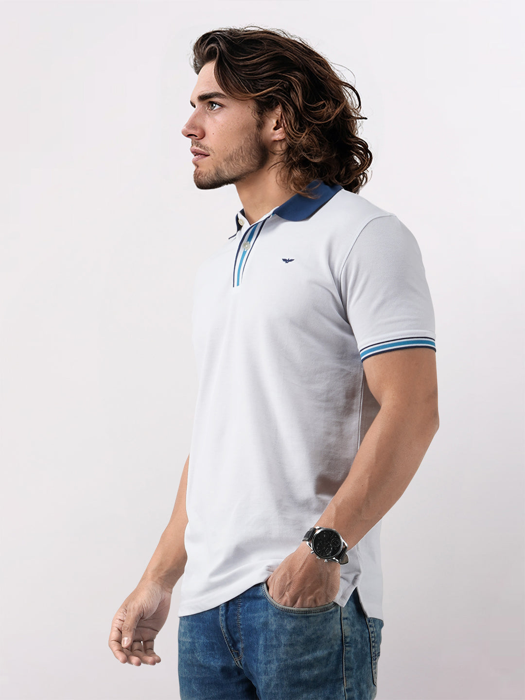 Men White Slim Fit Solid Cotton Polyester Blend Round Neck Collar Polo T-Shirt