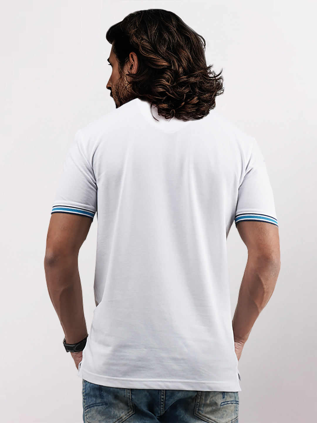 Men White Slim Fit Solid Cotton Polyester Blend Round Neck Collar Polo T-Shirt